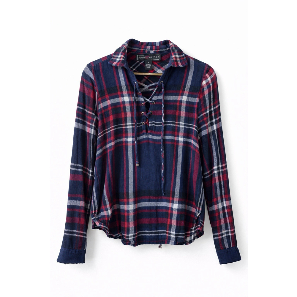 Women’s Plaid Lace Up Hoodie Top Long Sleeve Flannel Style Casual Size S